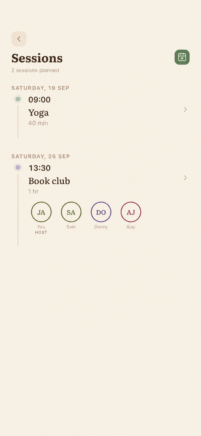 Two scheduled sessions in Kinyava, including a book club with friends